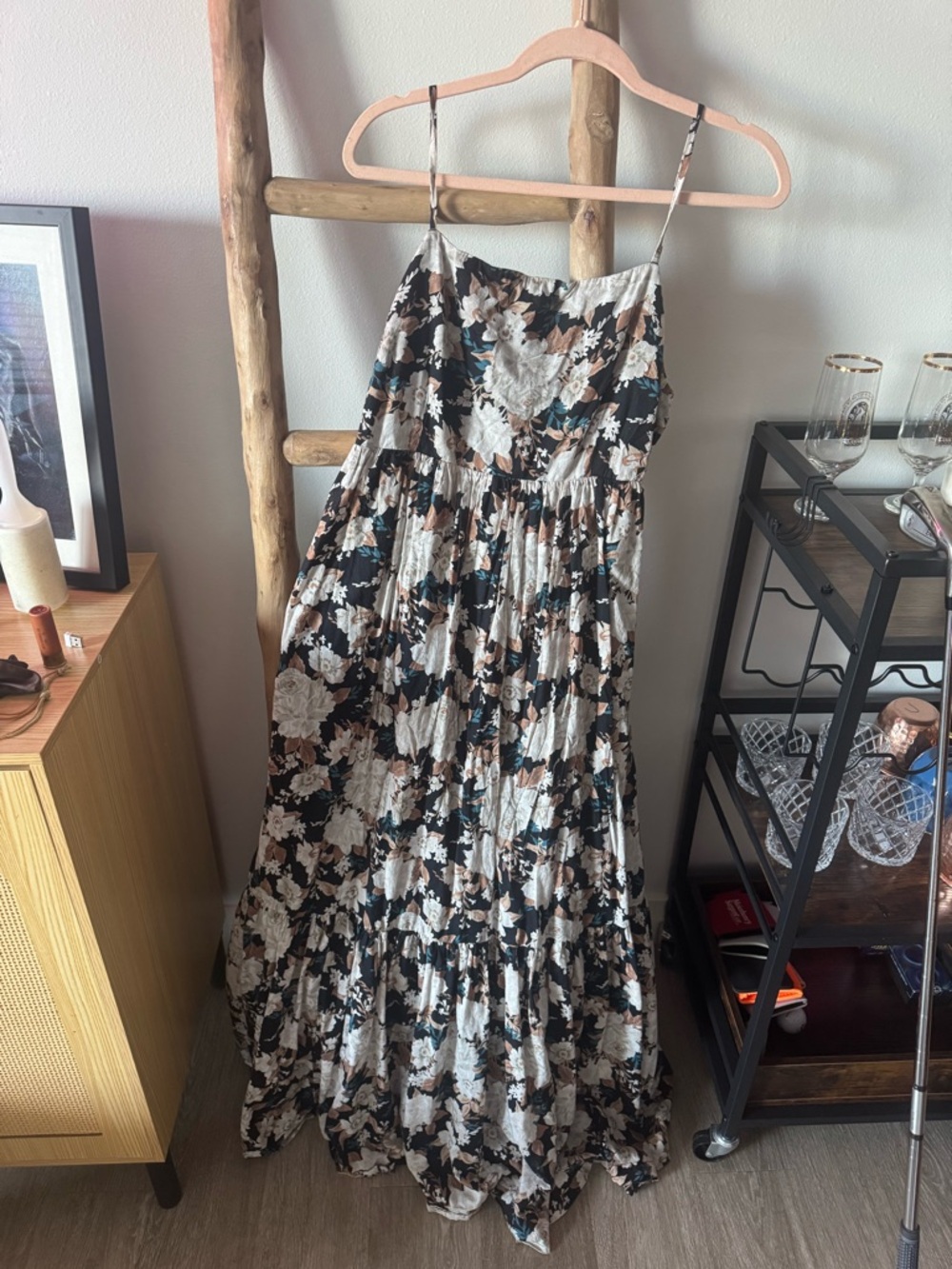 Abercrombie & Fitch Black, White, Brown Floral Backless Maxi Dress